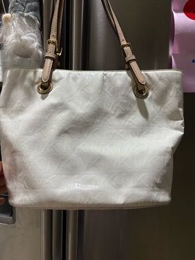 Michael Kors White Logo-Embossed Tote with Beige Straps